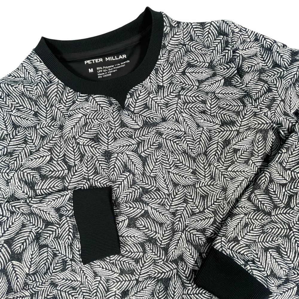 Peter Millar Top Womens M Black White Palm Leaf Performance UPF 50 Crewneck